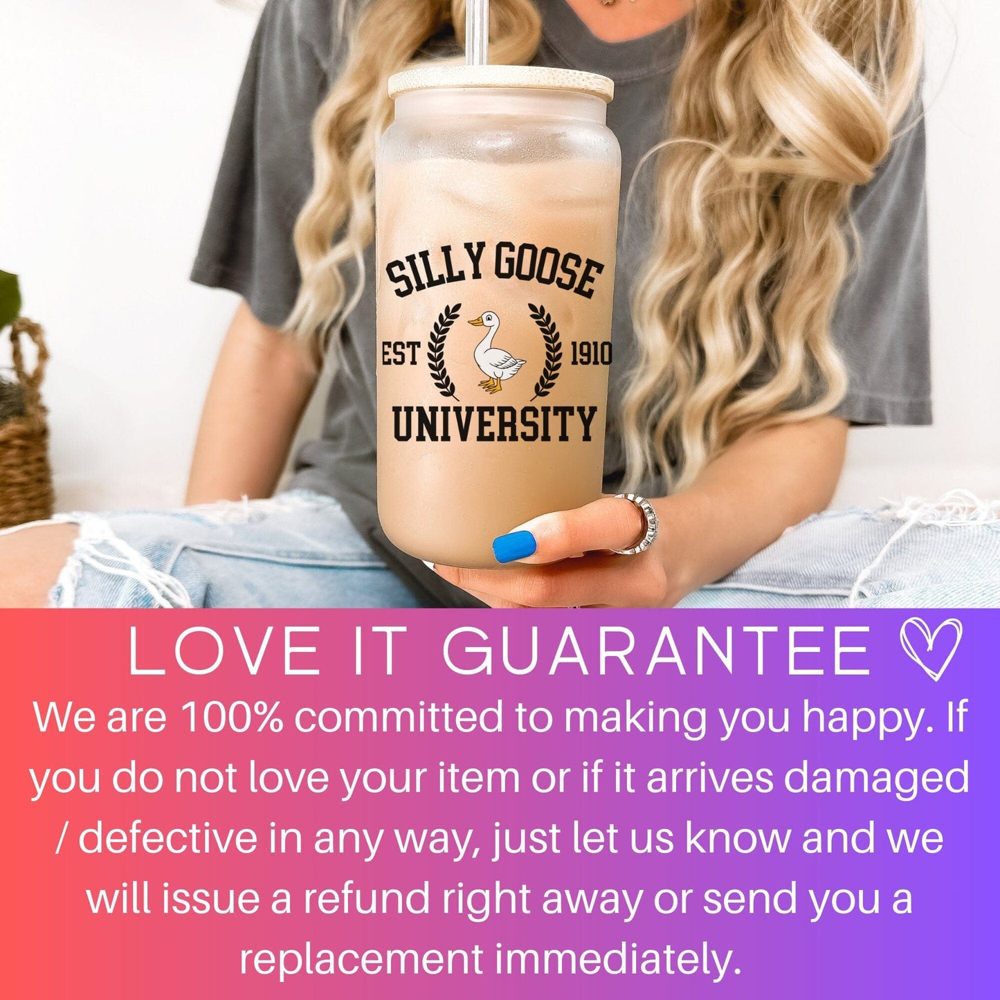 Silly Goose University Iced Coffee Cup Goose Bumps Frosted Coffee Tumbler with straw Funny Goose Beer Can Funny gift Fist bump Glass Tumbler