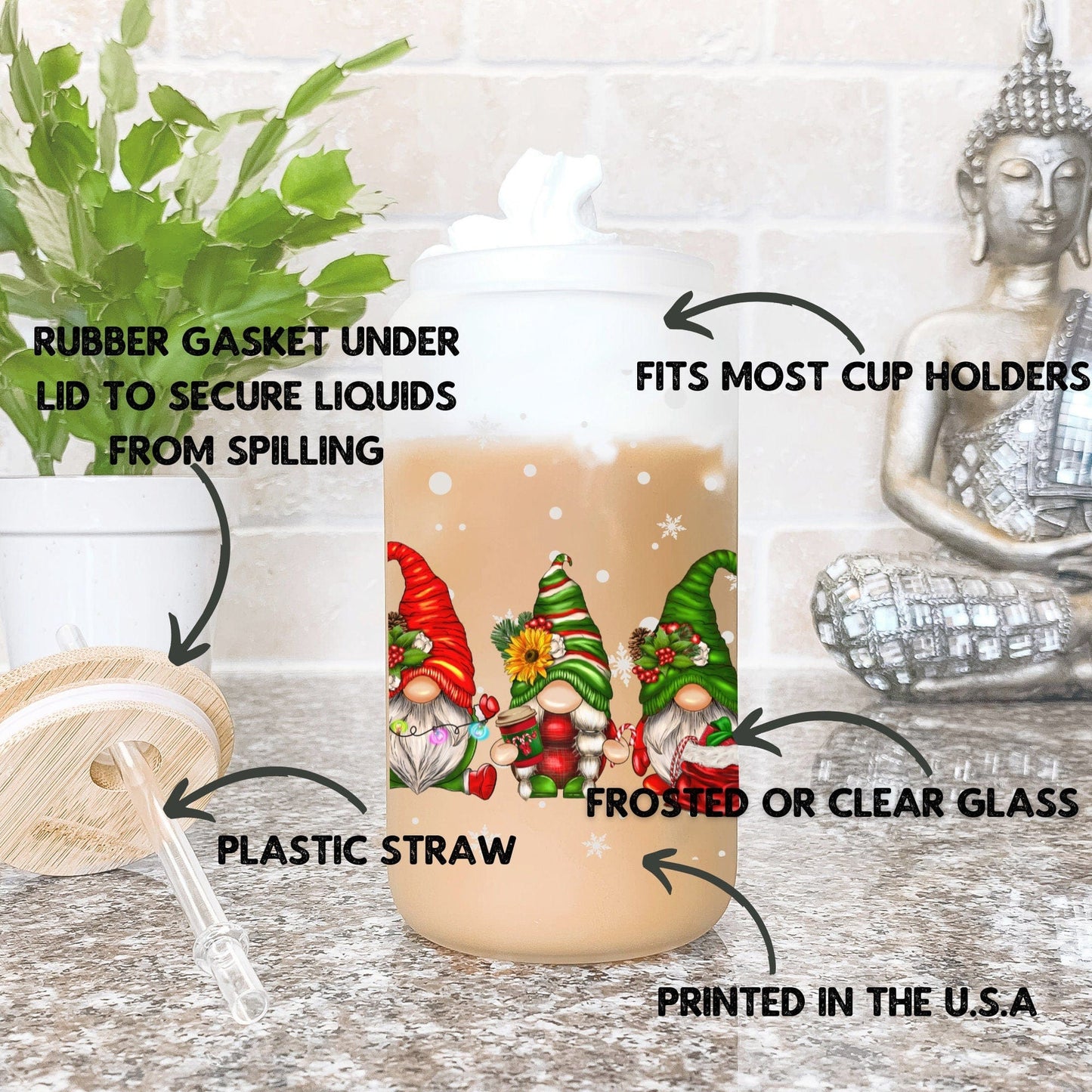 Christmas Gnomes Iced Coffee Cup Xmas Frosted Tumblers Christmas party Beer Glass gift Tumbler & straw Christmas Vacation Tumbler