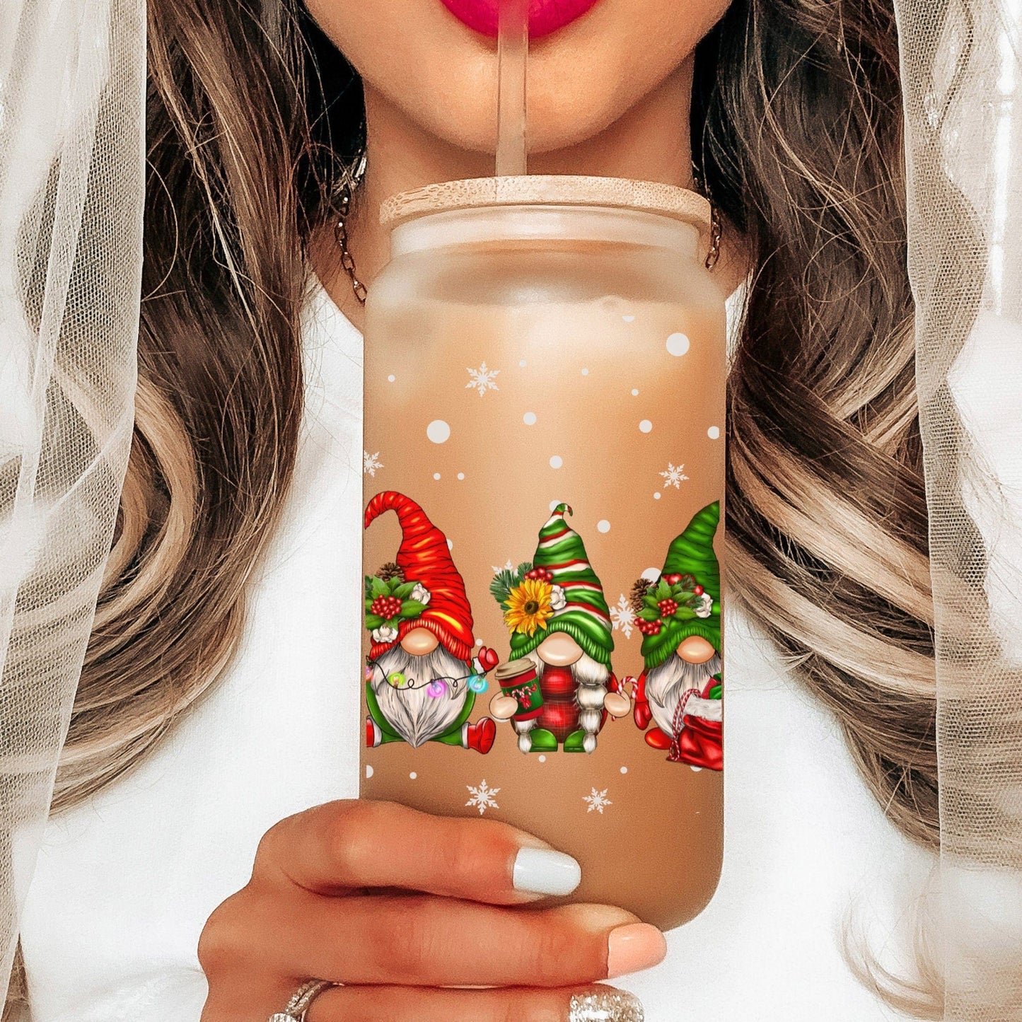 Christmas Gnomes Iced Coffee Cup Xmas Frosted Tumblers Christmas party Beer Glass gift Tumbler & straw Christmas Vacation Tumbler