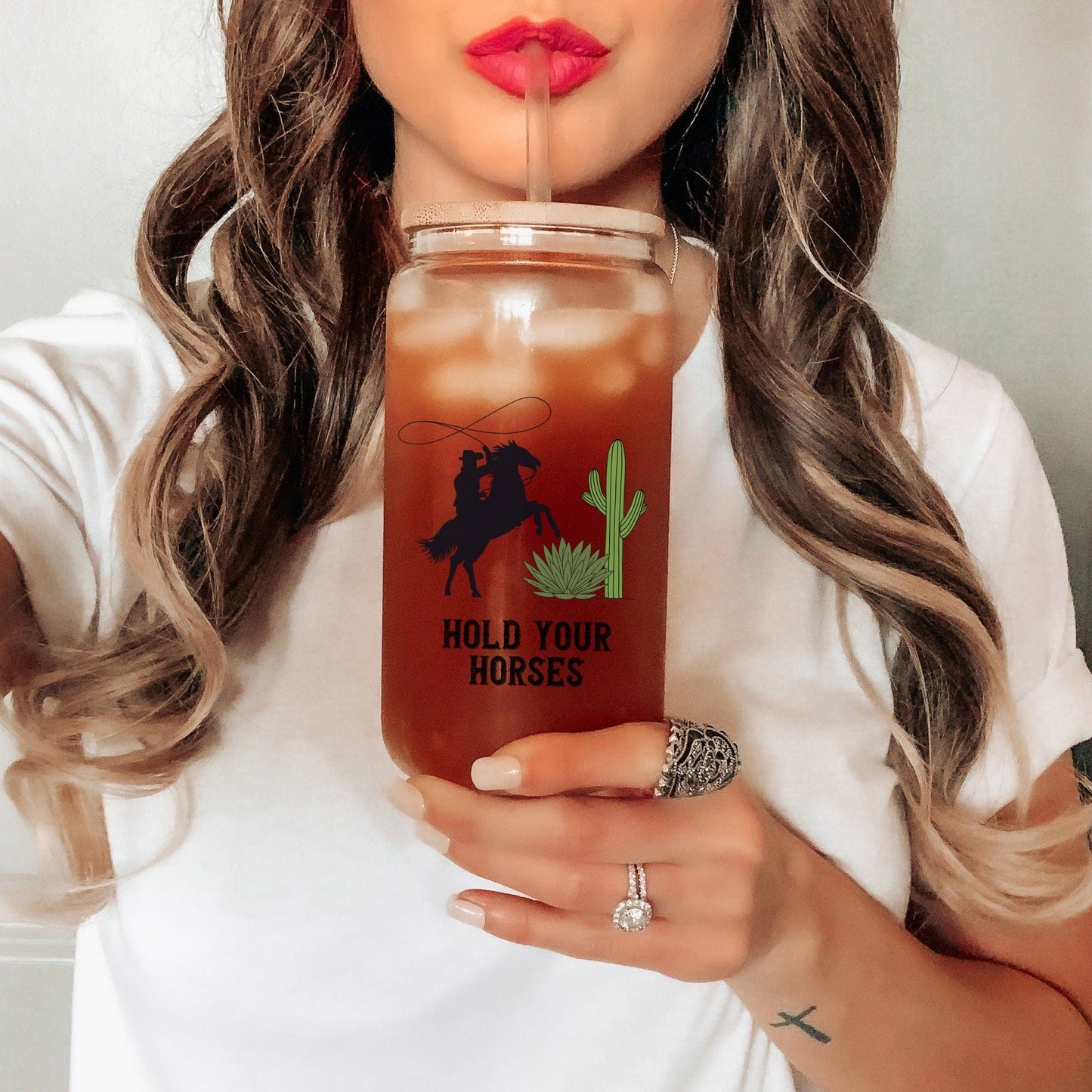 Country Western Frosted Iced Coffee Cup Hold your horses Frosted Tumbler with Straw Western Rodeo cowboy beer Glass Can Gift for Cowgirl