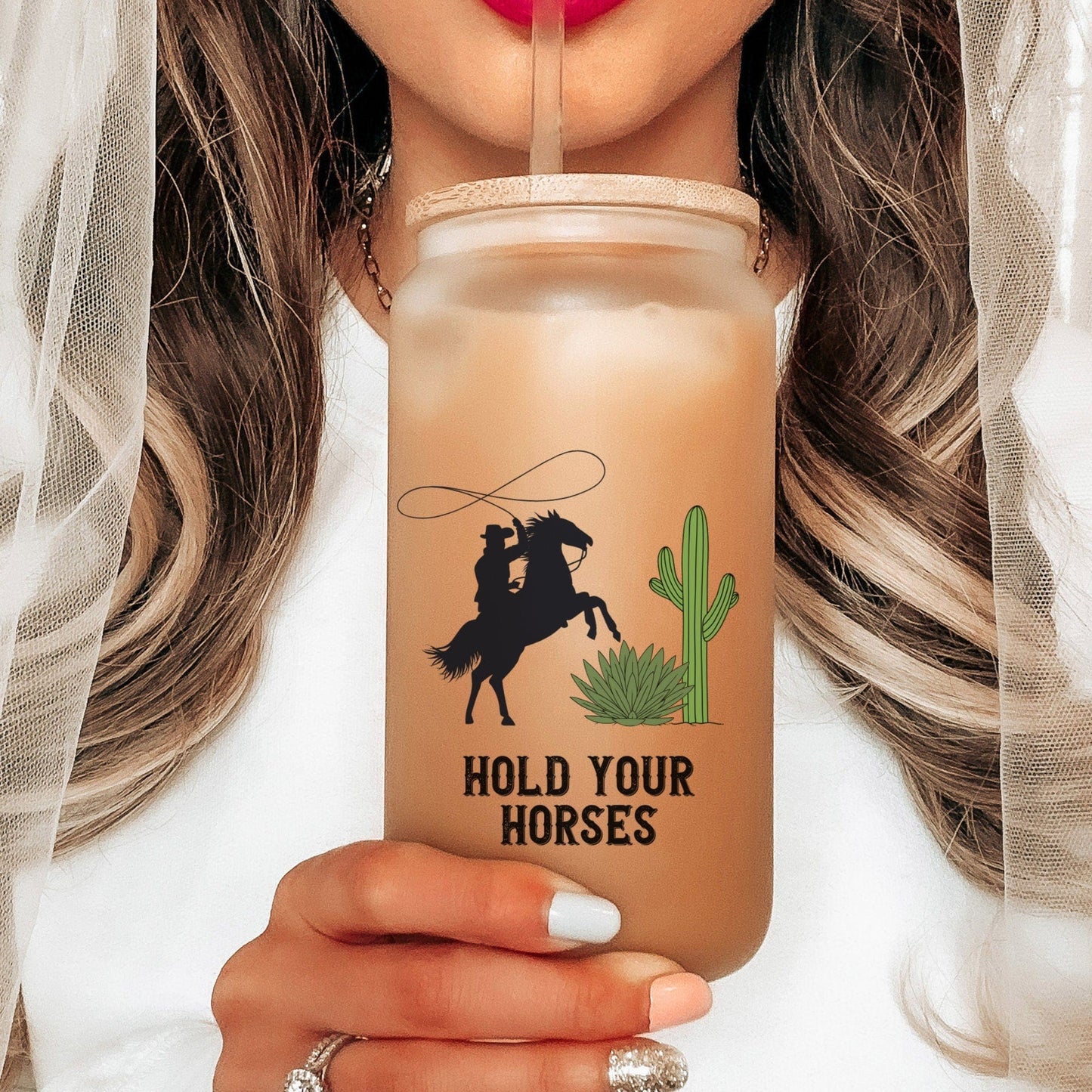 Country Western Frosted Iced Coffee Cup Hold your horses Frosted Tumbler with Straw Western Rodeo cowboy beer Glass Can Gift for Cowgirl