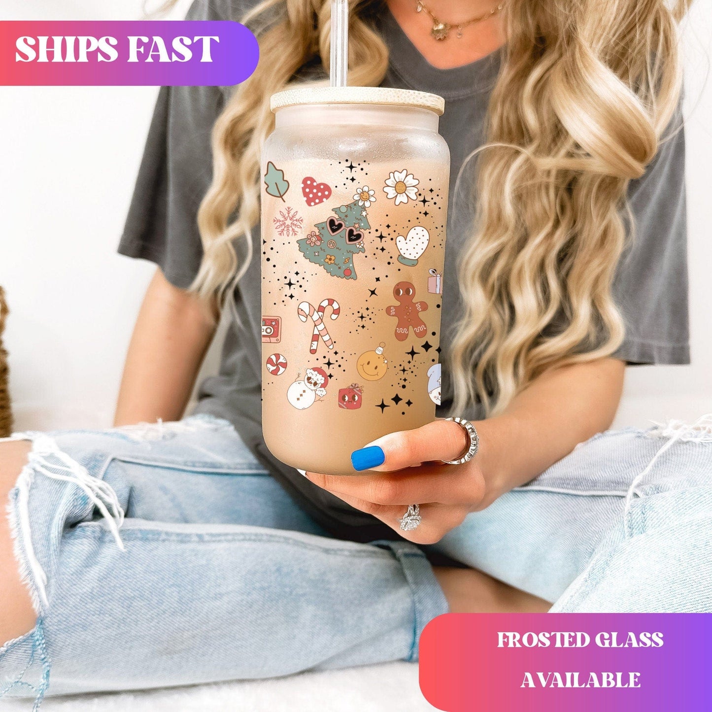 Christmas Iced Coffee Cup Xmas Frosted Tumblers Christmas party Beer Glass gift Tumbler & straw Christmas Vacation Tumbler Santa Coffee Cup