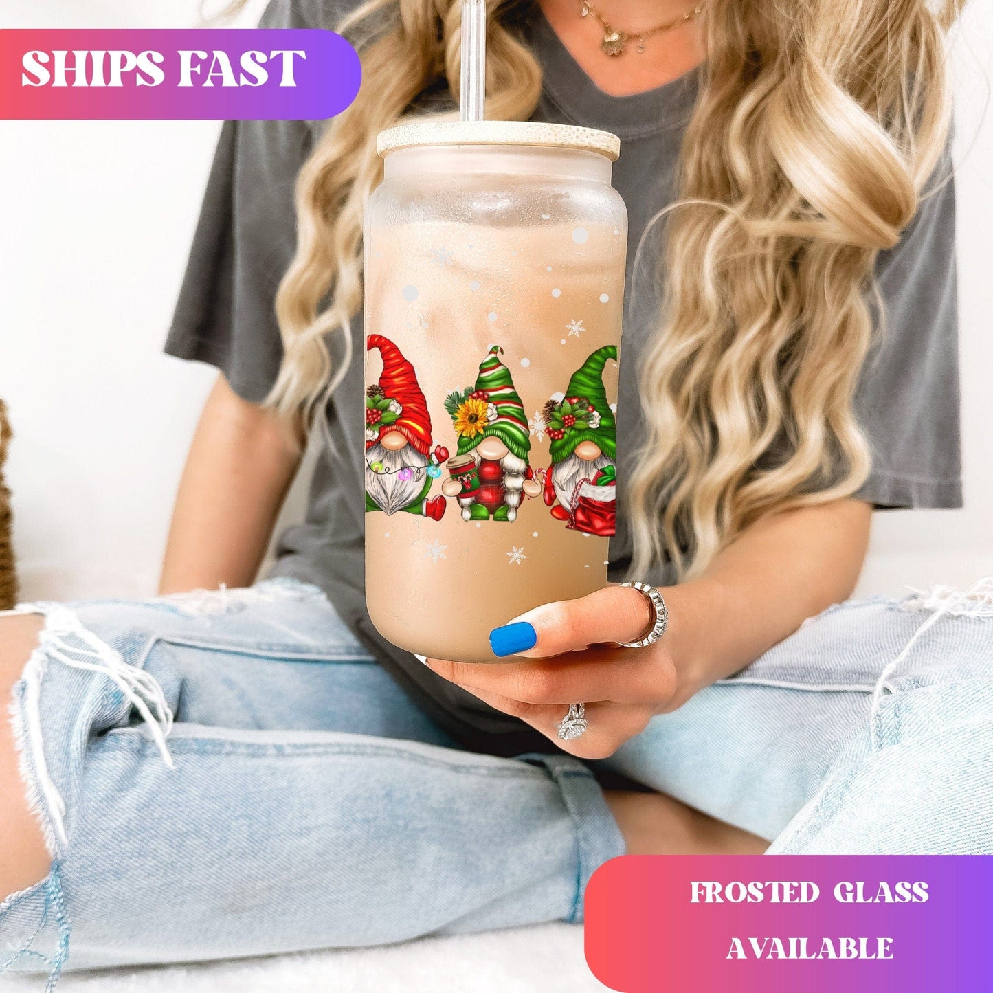 Christmas Gnomes Iced Coffee Cup Xmas Frosted Tumblers Christmas party Beer Glass gift Tumbler & straw Christmas Vacation Tumbler