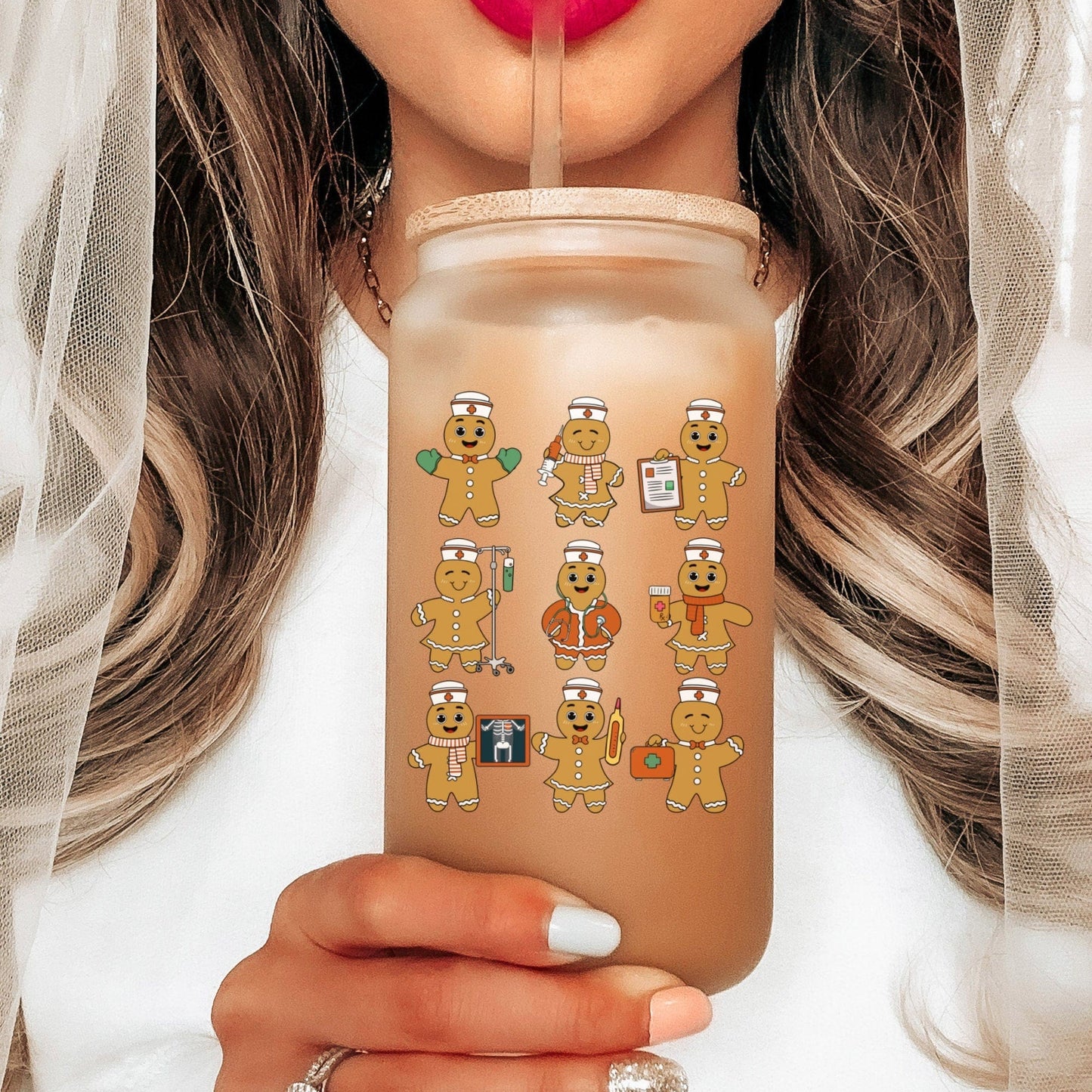 Christmas Nurse Iced Coffee Cup Nursing school Frosted Tumblers Beer Glass gift Tumbler & straw Pediatric Nurse Night shift Nurse Student