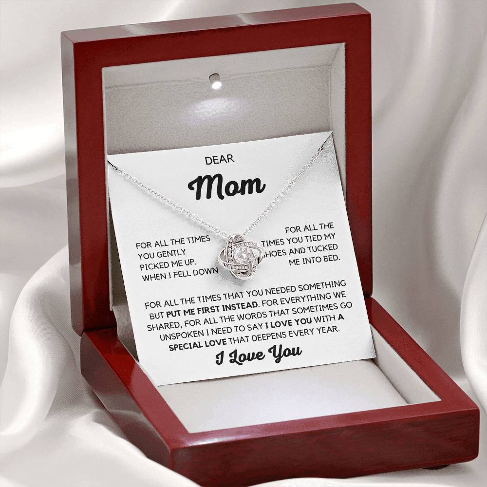 Dear Mom- You Put me First LoveKnot Necklace Mothers day Gift from Son or Daughter