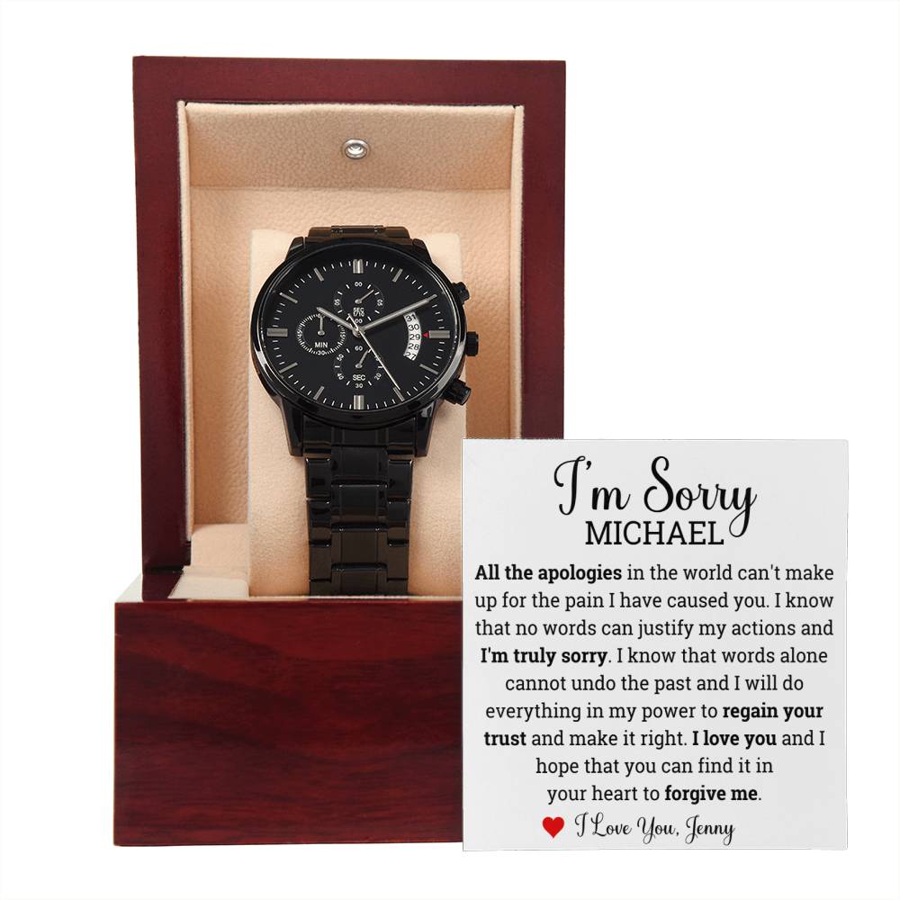 Personalized Im Sorry gifts for him, Apology gift for him, Black Chronograph Watch for him