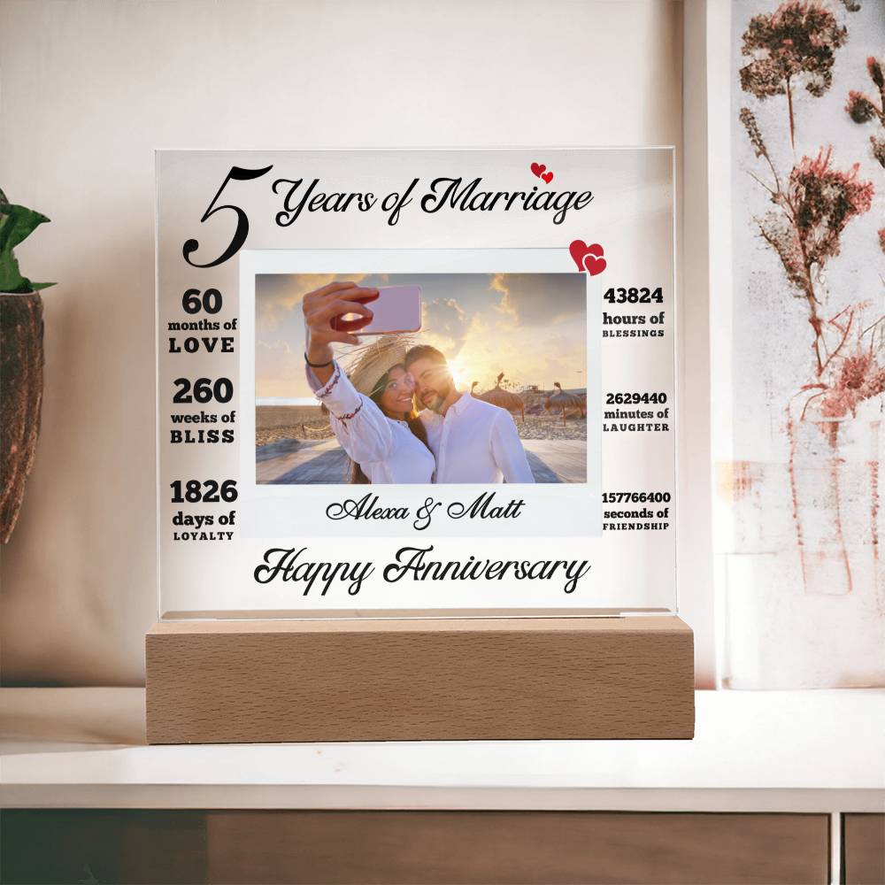 Custom 5 year anniversary Gift Acrylic Photo plaque Personalized Anniversary gift for wife Gift for couple Husband Valentine day gift