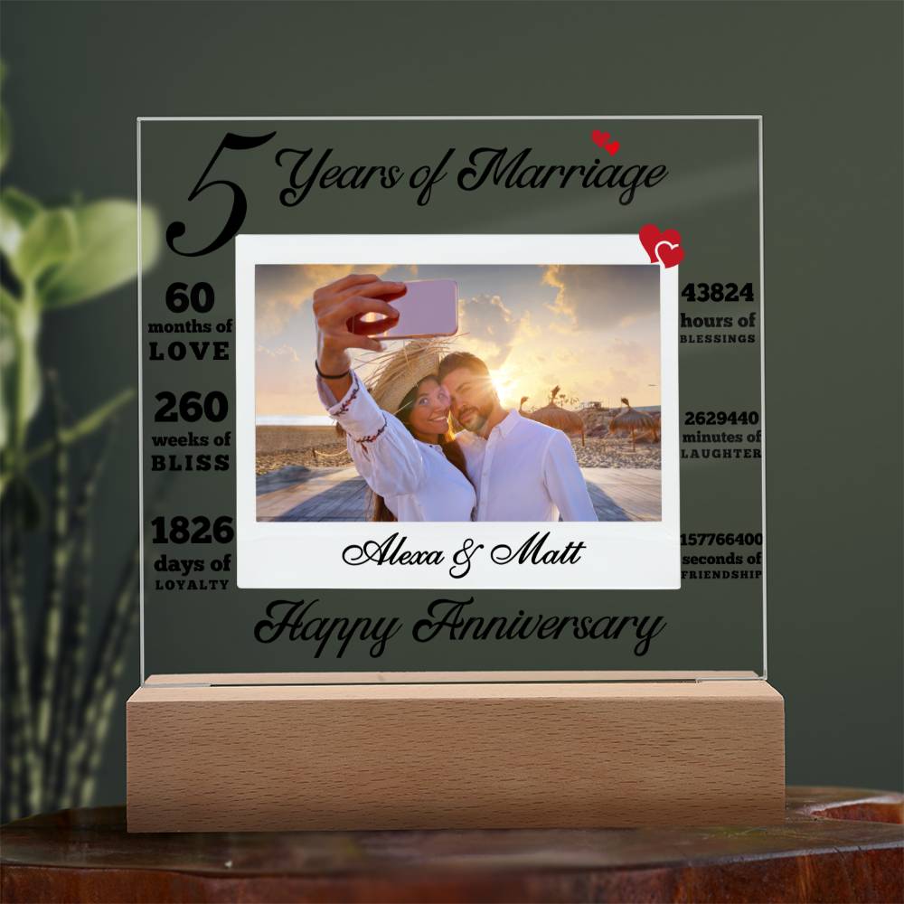 Custom 5 year anniversary Gift Acrylic Photo plaque Personalized Anniversary gift for wife Gift for couple Husband Valentine day gift