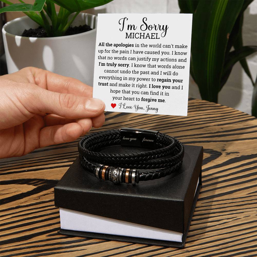 Personalized Im Sorry gifts for Him, Vegan Braided Leather Bracelet Custom, Apology Gift for him,