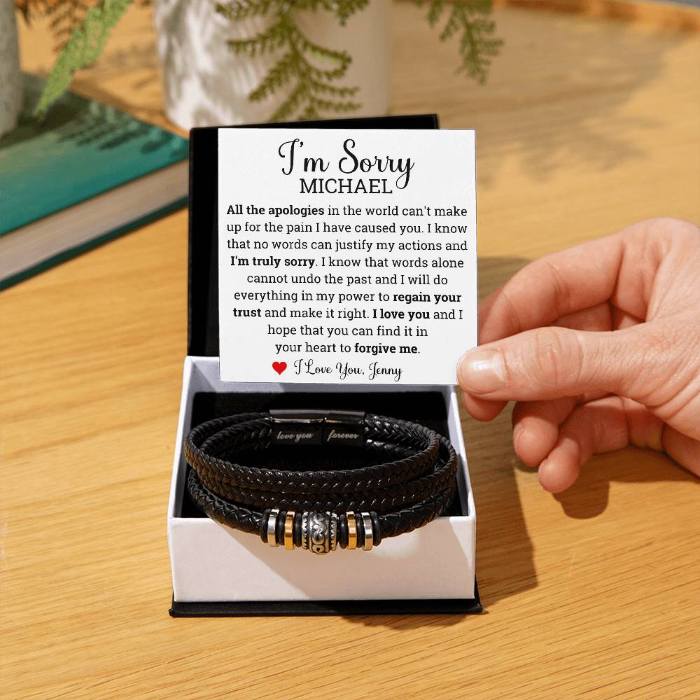 Personalized Im Sorry gifts for Him, Vegan Braided Leather Bracelet Custom, Apology Gift for him,