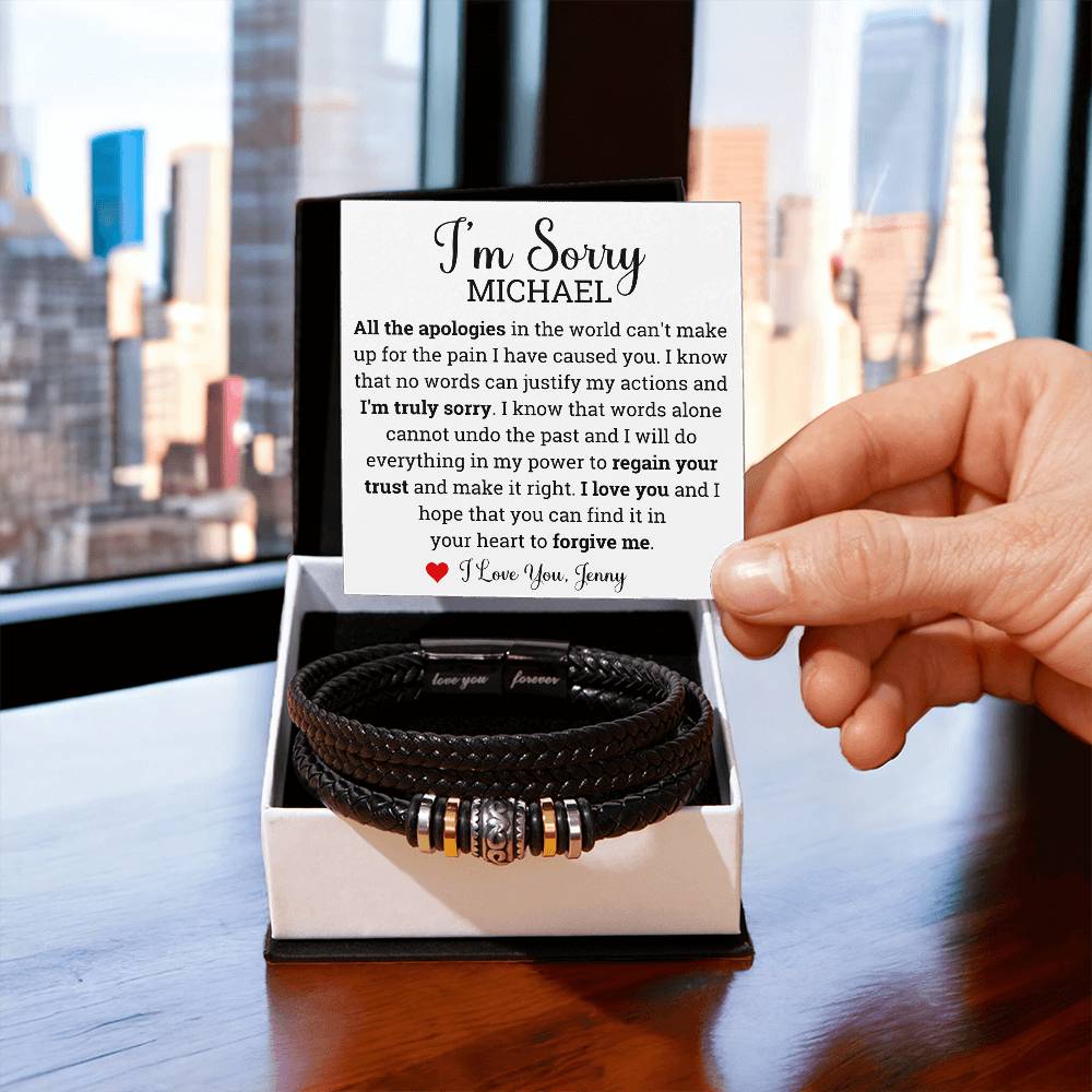 Personalized Im Sorry gifts for Him, Vegan Braided Leather Bracelet Custom, Apology Gift for him,