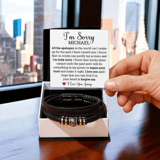 Personalized Im Sorry gifts for Him, Vegan Braided Leather Bracelet Custom, Apology Gift for him,