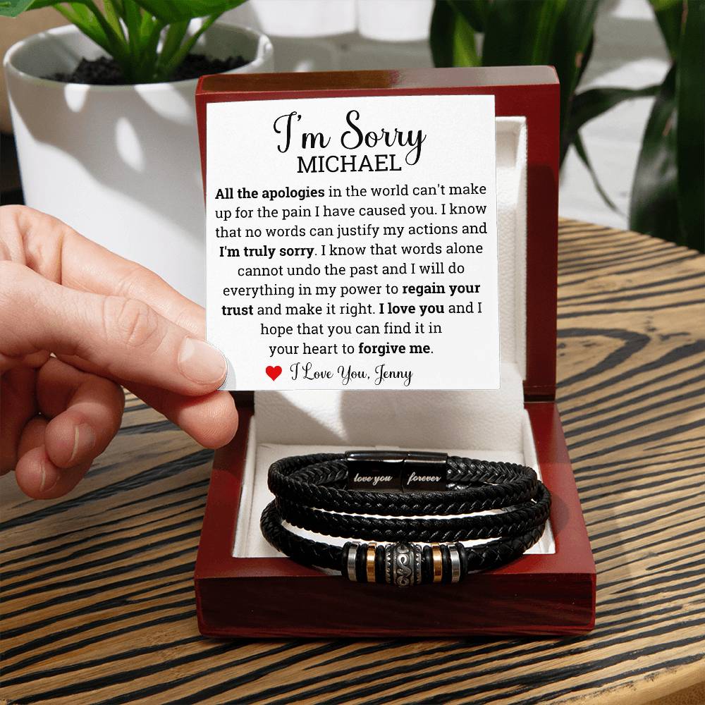 Personalized Im Sorry gifts for Him, Vegan Braided Leather Bracelet Custom, Apology Gift for him,