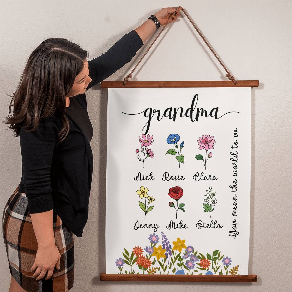 Birthflower Grandma Wall Tapestry Gift for Mothers day Birth Flower Wall Art for Nana