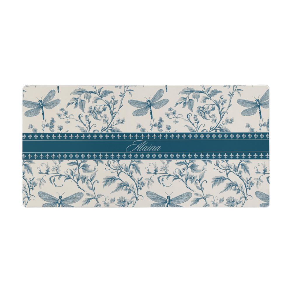 Chinoiserie Dragonfly Desk Mat,Blue Toile dragonflies Deskmat,Toile de jouy XL desk pad French Provencal Farmhouse Chic mouse pad
