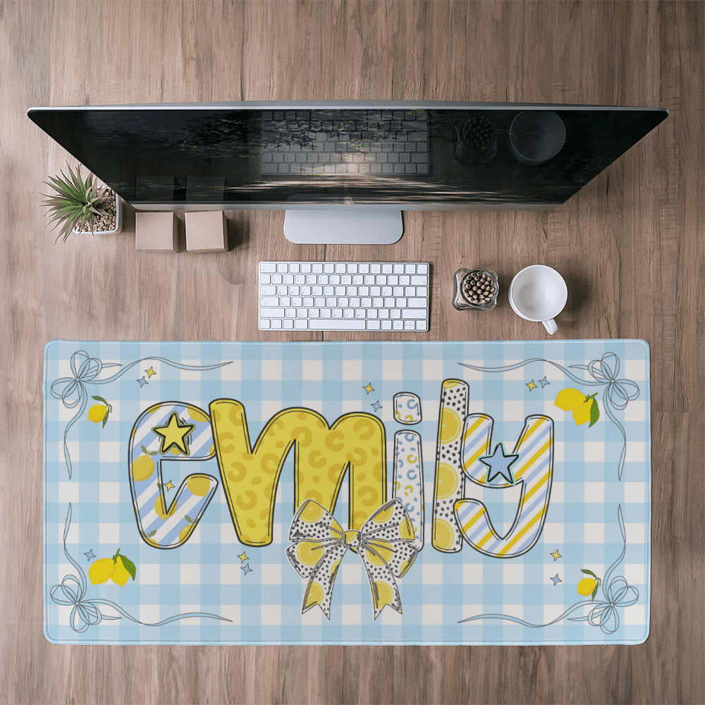 Custom Name Desk Mat, Personalized Lemon Bow Desk Pad, Blue Gingham Mouse Pad, Tween Girl Gift, Cute Back to School Desk Decor