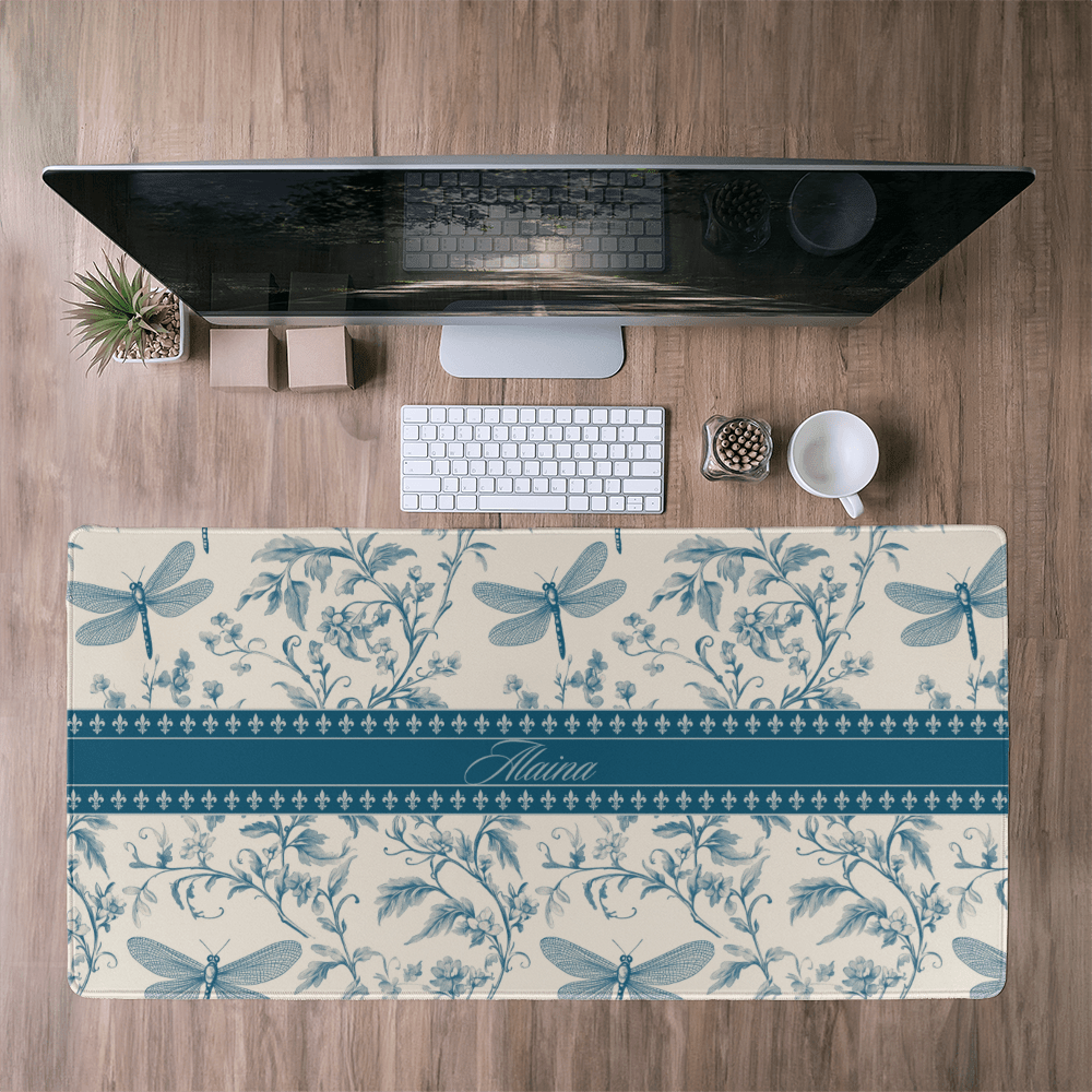 Chinoiserie Dragonfly Desk Mat,Blue Toile dragonflies Deskmat,Toile de jouy XL desk pad French Provencal Farmhouse Chic mouse pad