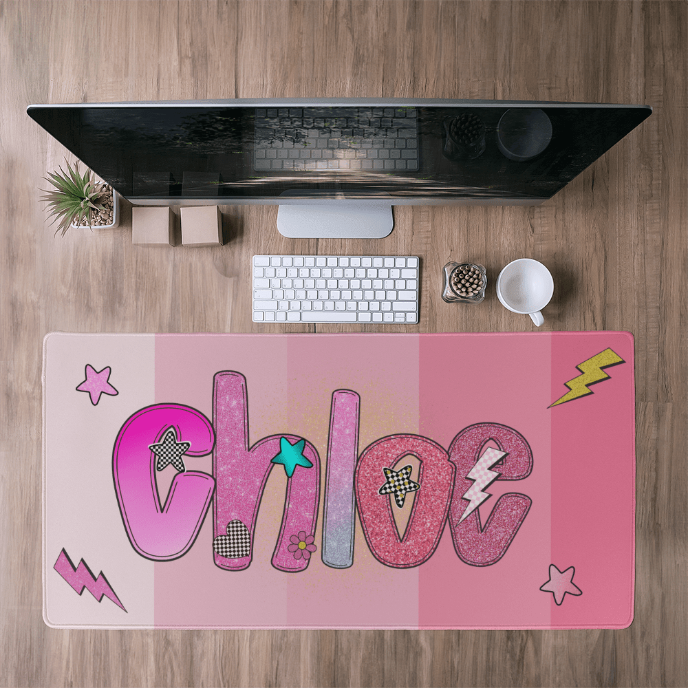 Custom Name Desk Mat, Personalized Purple Faux Glitter Desk Pad, Lightning Bolt Mouse Pad, Tween Girl Gift, Cool Aesthetic Desk Decor