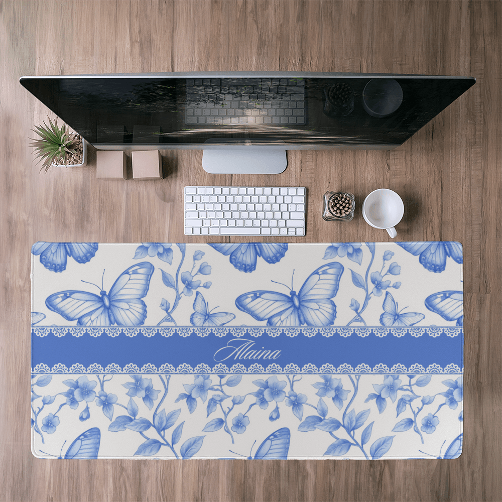 Personalized butterfly Floral Desk Mat, Blue French Country Desk Pad, Custom Name Mouse Pad, Cottagecore Deskmat, Toile de jouy desk pad, chinoiserie deskmat