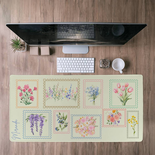 Wildflower Desk mat Pesonalized Postage Stamp XL Desk pad Farmers Market style large mouse pad Cottage Core deskmat, botanical gift