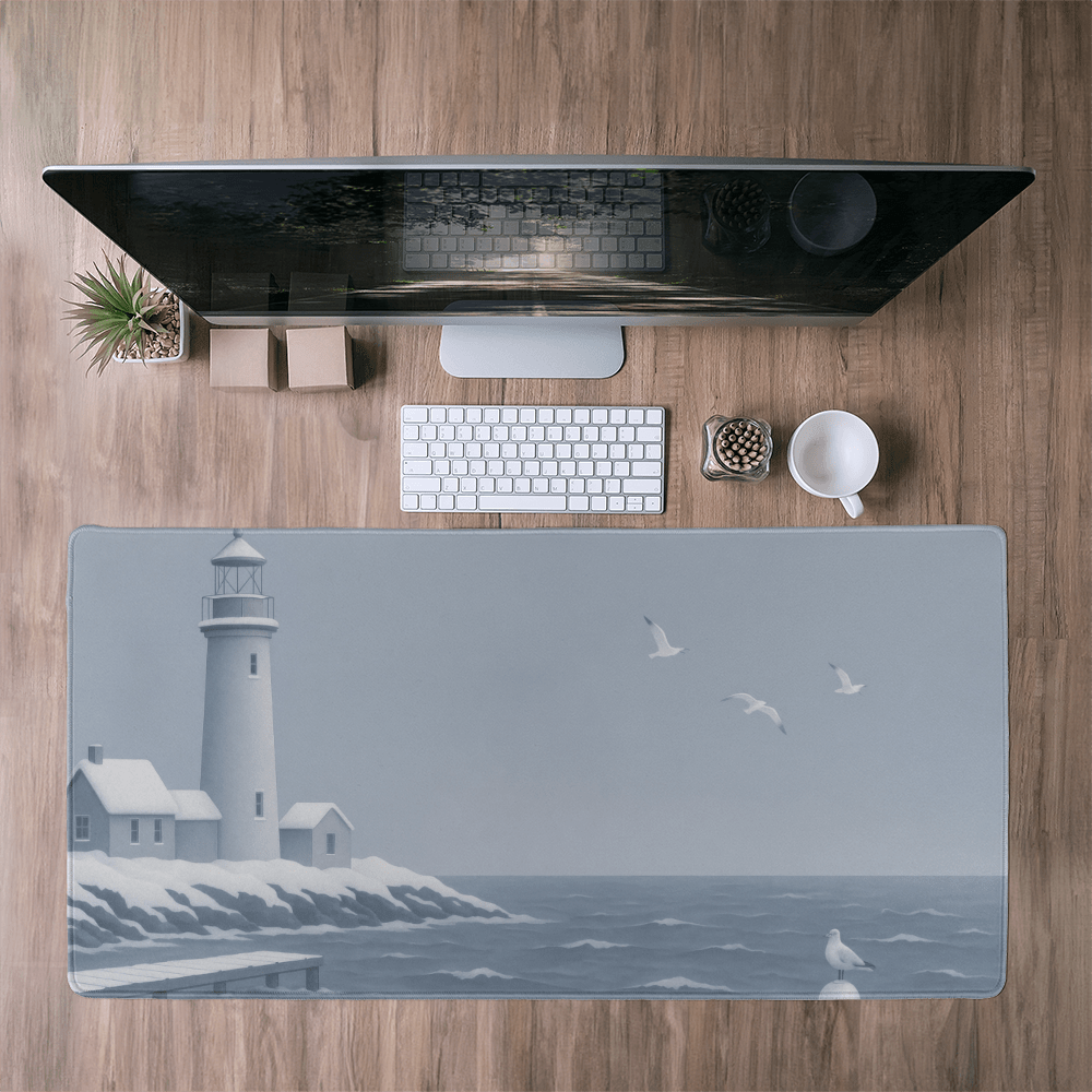 New England Decor Lighthouse Computer desk mat Nautical extra large Desk pad Beach house office decor,  Coastal landscape extended mouse pad