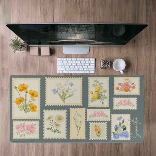 Wildflower Desk mat Pesonalized Postage Stamp XL Desk pad Farmers Market style large mouse pad Cottage Core deskmat, botanical gift