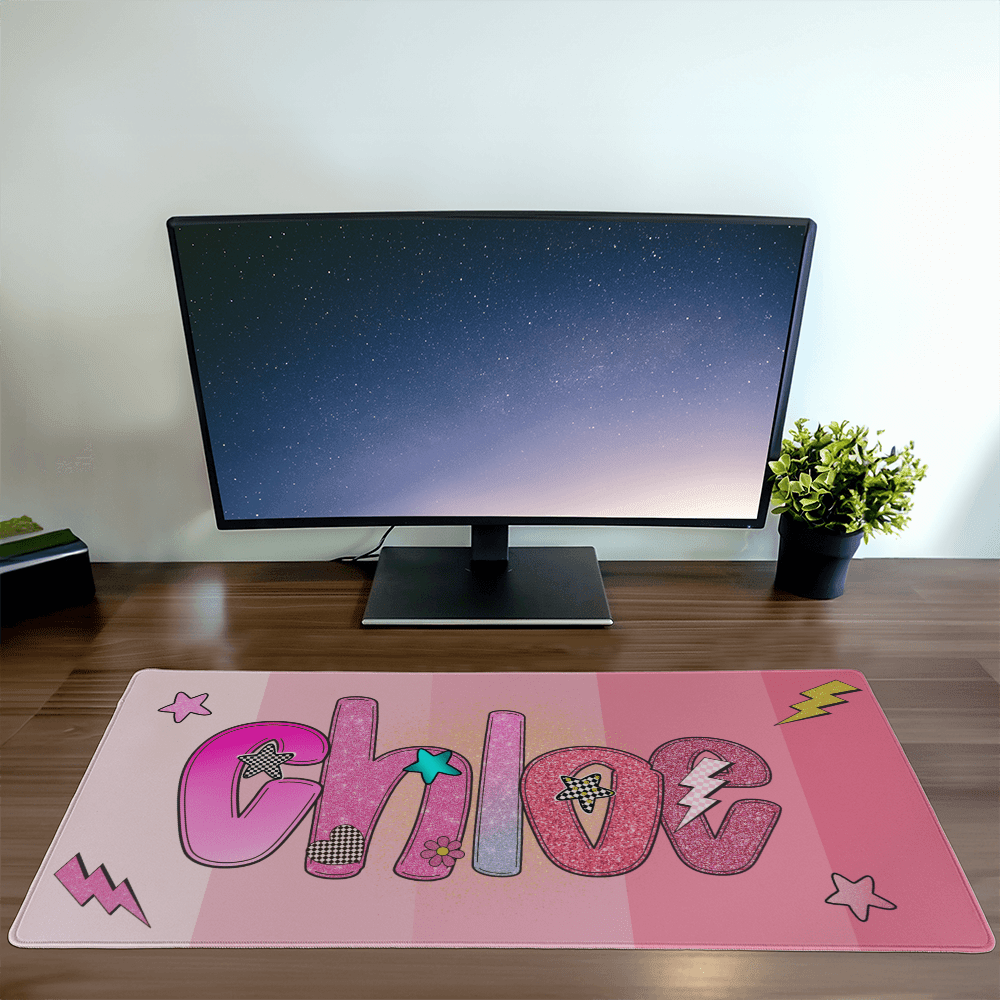 Custom Name Desk Mat, Personalized Purple Faux Glitter Desk Pad, Lightning Bolt Mouse Pad, Tween Girl Gift, Cool Aesthetic Desk Decor
