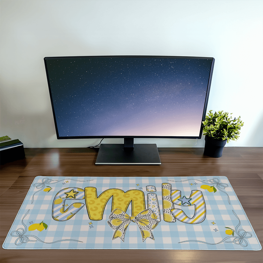 Custom Name Desk Mat, Personalized Lemon Bow Desk Pad, Blue Gingham Mouse Pad, Tween Girl Gift, Cute Back to School Desk Decor
