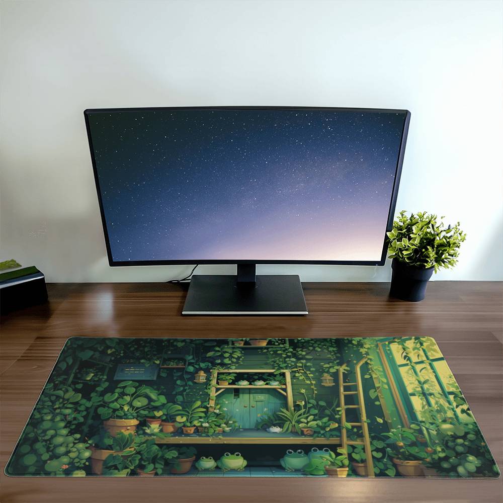 Kawaii Frog Lofi Desk Mat, Kawaii Gaming Mouse Pad, Cute Frog Deskpad, Lily Pad Themed Laptop Mat, Kawaii Desk Decor