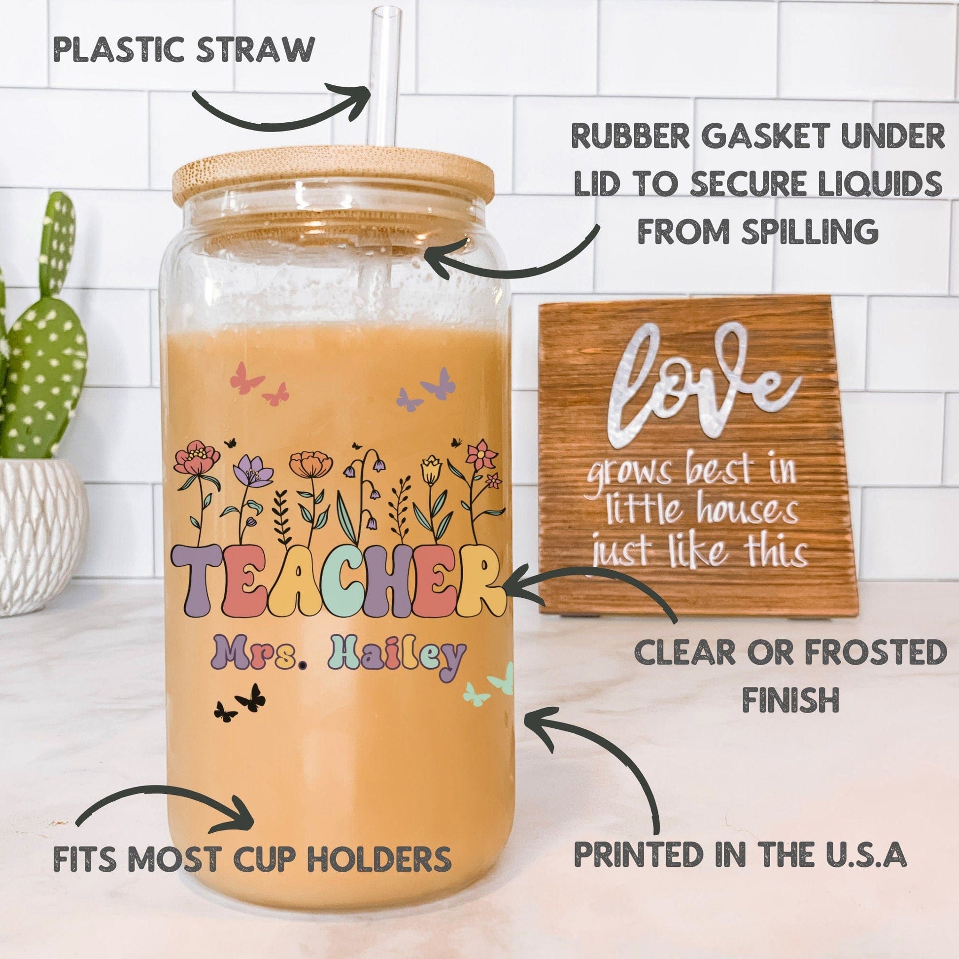 Teacher Custom Frosted Iced Coffee Cup Personalized Teacher Gift Tumbler with Straw Elementary Teacher Glass Can Tumbler New Teacher Cup