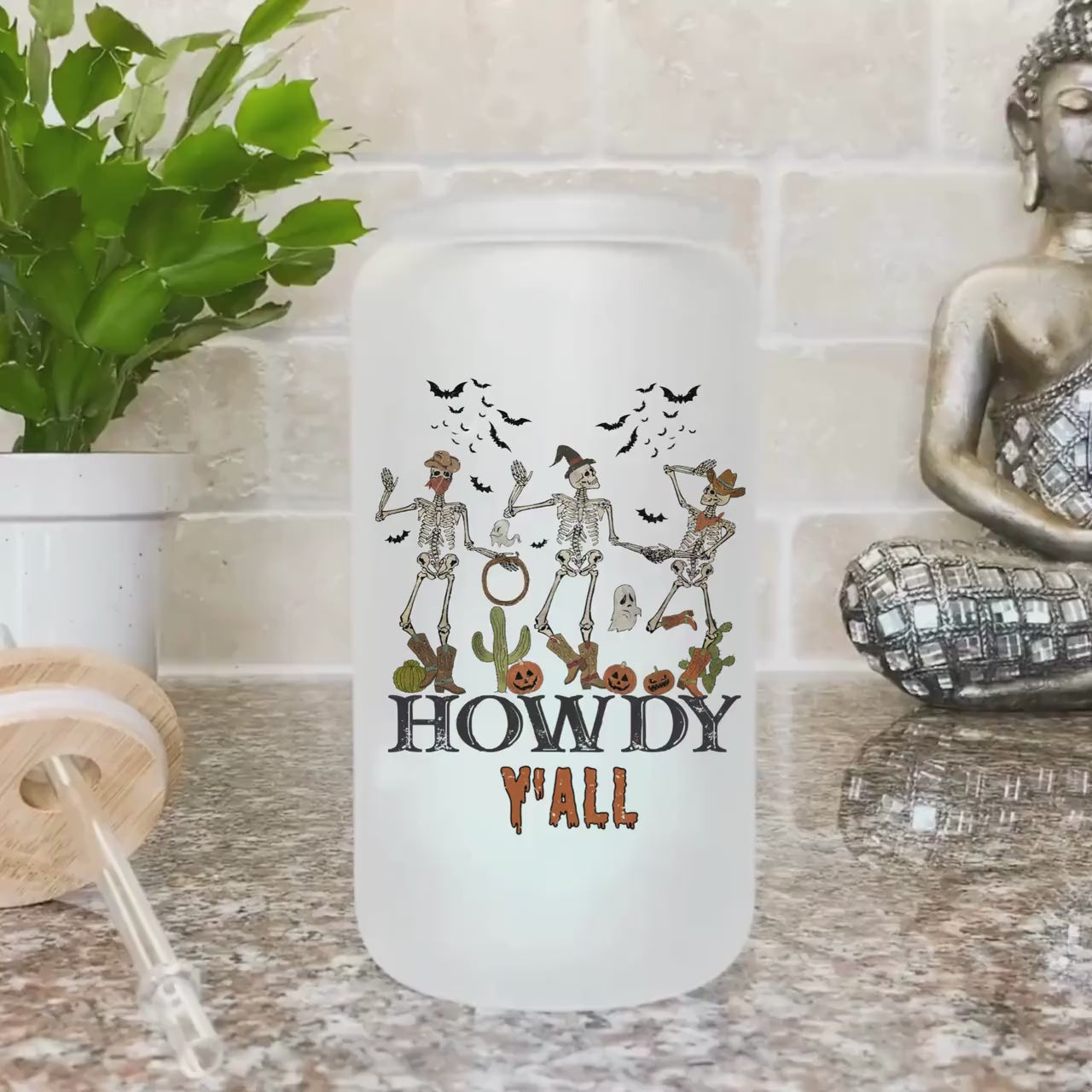 Howdy Y'all Cowboy Skeleton Frosted Iced Coffee Cup Funny Halloween Tumbler with Straw Dancing Skeletons 16oz beer Glass Can Tumbler Gift