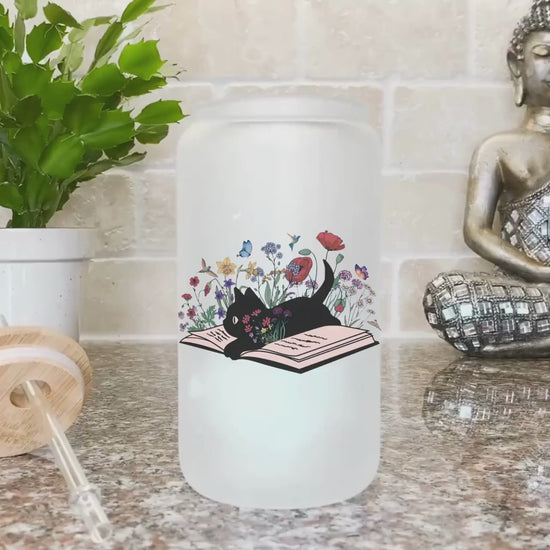 Bookish Glass Tumbler Book Lover Coffee Tumbler Gift for Floral Cat lover Coffee Cup Cute Cat book Beer Glass Can Librarian Gift for women