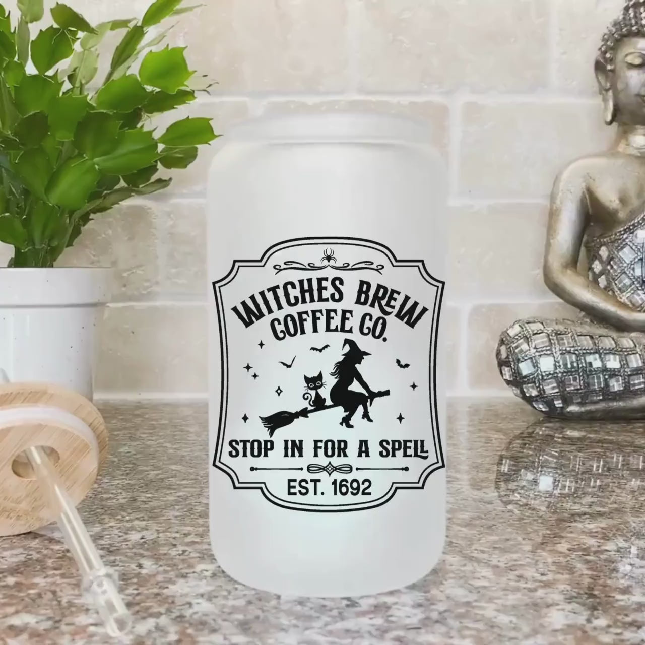 Witches Brew Coffee Co Iced Coffee Cup, Fall Glass Tumbler, Frosted Glass Halloween Mug, Potion Iced Coffee Can with Bamboo Lid and Straw