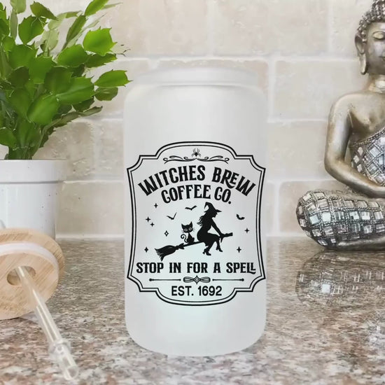Witches Brew Coffee Co Iced Coffee Cup, Fall Glass Tumbler, Frosted Glass Halloween Mug, Potion Iced Coffee Can with Bamboo Lid and Straw