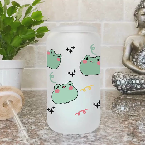 Frog Kawaii Frosted Iced Coffee Cup Funny Cute Frog Lover Gift Tumbler with Straw Frog Gifts Glass Can Tumbler Froggy Glass Cup with lid