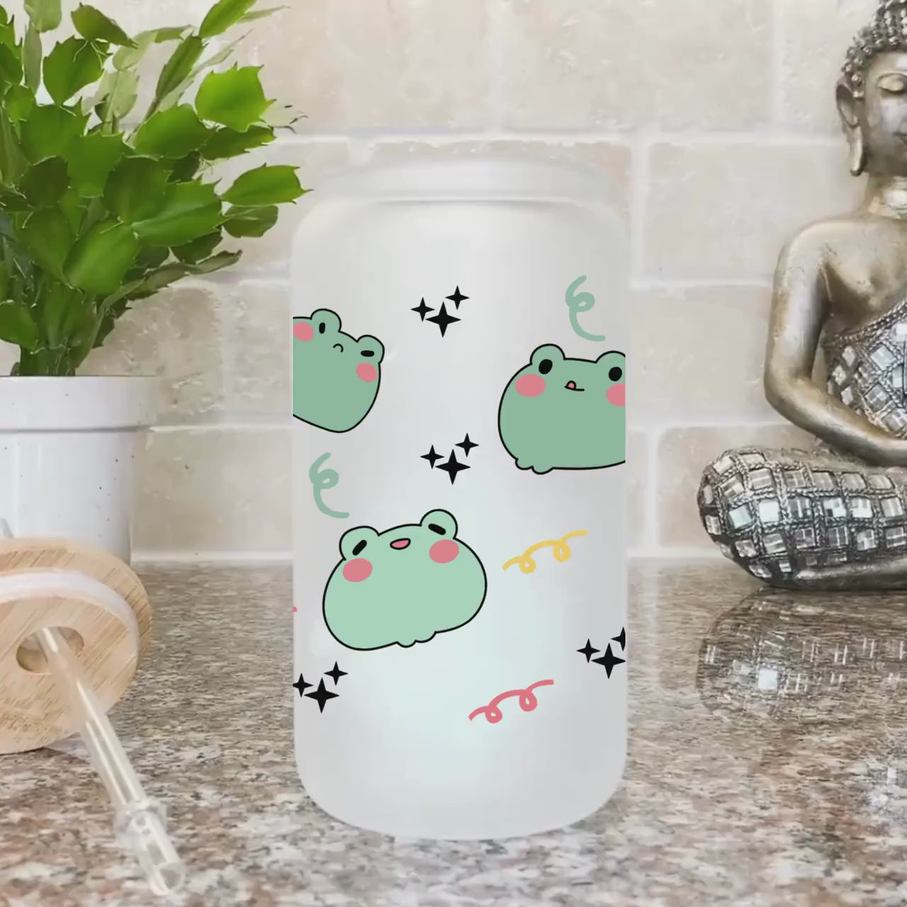 Frog Kawaii Frosted Iced Coffee Cup Funny Cute Frog Lover Gift Tumbler with Straw Frog Gifts Glass Can Tumbler Froggy Glass Cup with lid