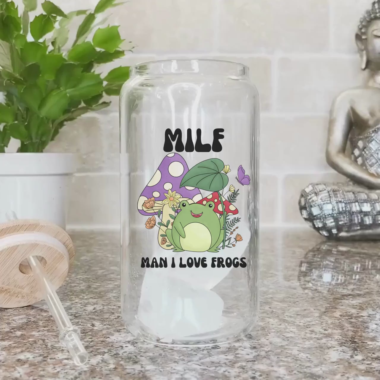 MILF Retro Frog Frosted Iced Coffee Cup Funny Toad Frog Lover Gift Tumbler with Straw Cottagecore Froggy Glass Can Tumbler Froggy Glass Cup