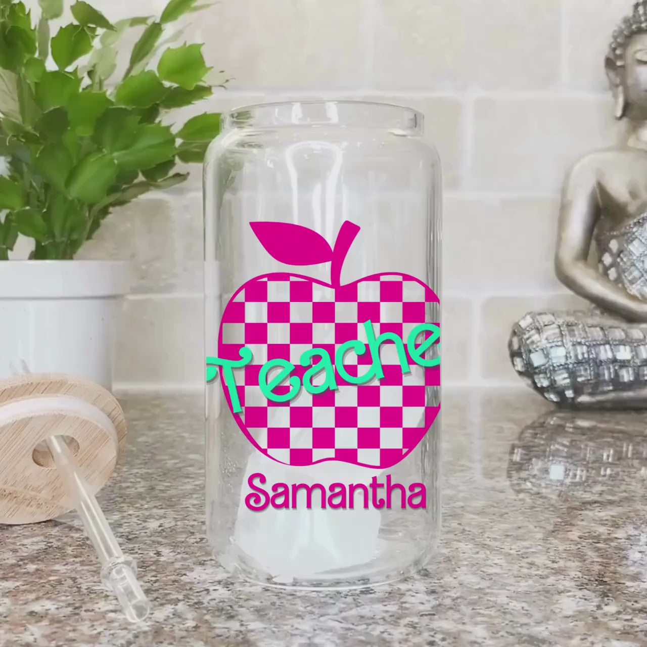 Teacher Iced Coffee Cup Retro Hot pink Personalized Teacher Frosted Tumbler with Straw Elementary teacher custom glass cup Teacher tumbler
