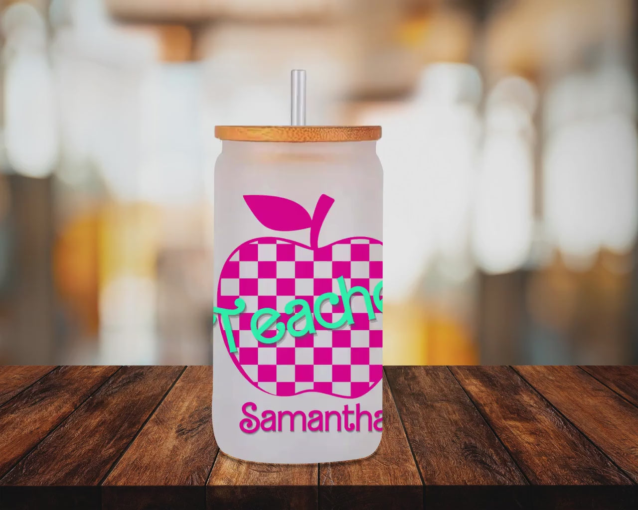 Teacher Iced Coffee Cup Retro Hot pink Personalized Teacher Frosted Tumbler with Straw Elementary teacher custom glass cup Teacher tumbler