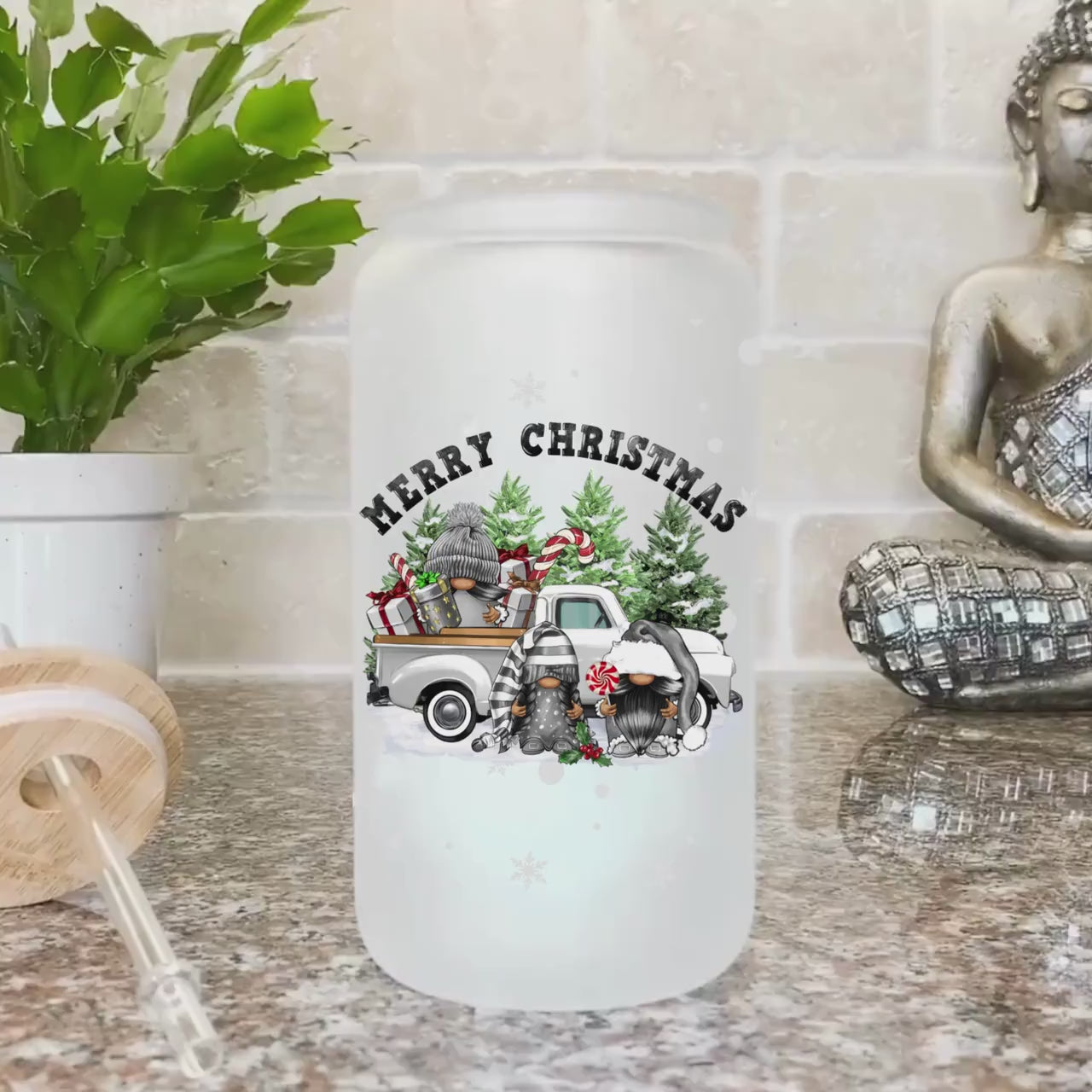 Christmas Gnomes Glass Frosted Coffee Cup Cute Scandinavian gnomies Cup with Lid Merry Christmas Holly Jolly Tumbler Coworker Secret Santa