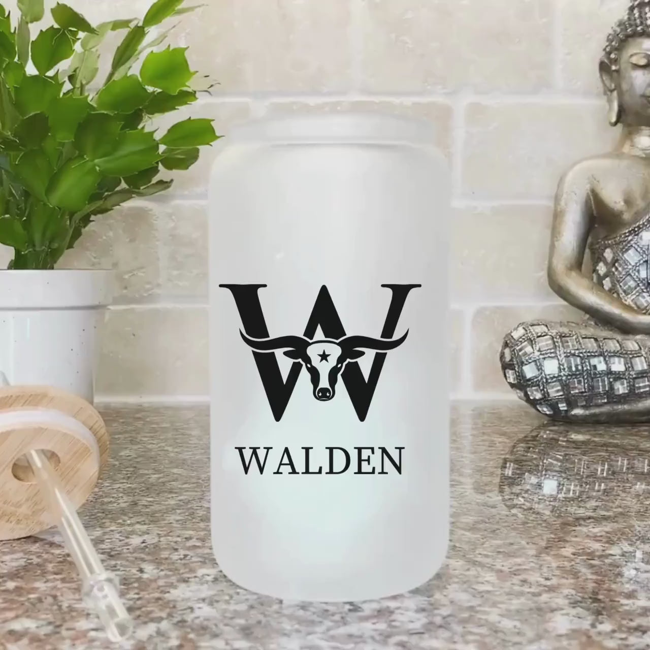 Monogrammed Western Bull Skull Frosted Iced Coffee Cup Personalized Name Frosted Tumbler with Straw Western Rodeo cowboy beer Glass