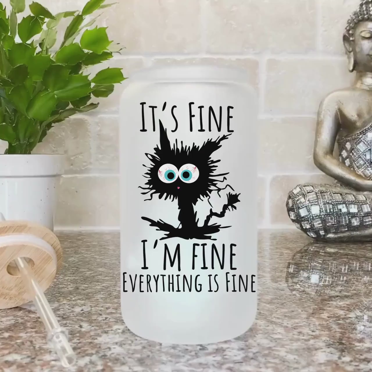 It's Fine I'm fine everything is fine Glass Frosted Coffee Cup Funny Cat Cup with Lid Retro Sarcasm Tumbler Coworker Secret Santa Gift