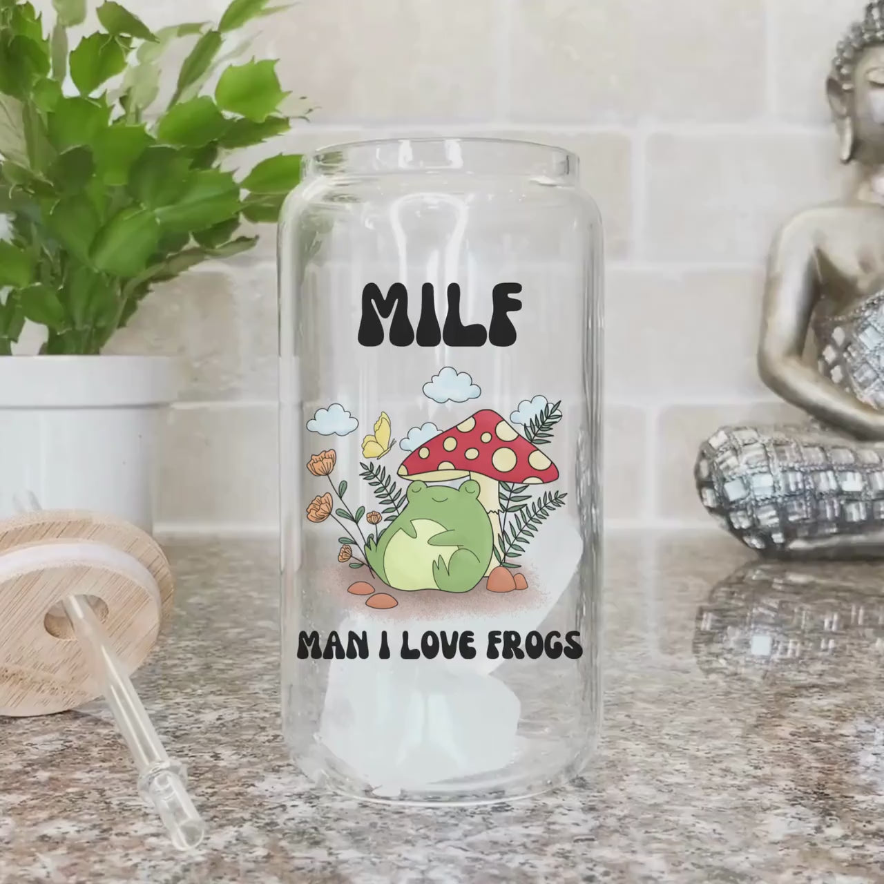 MILF Retro Frog Frosted Iced Coffee Cup Funny Toad Frog Lover Gift Tumbler with Straw Cottagecore Froggy Glass Can Tumbler Froggy Glass Cup