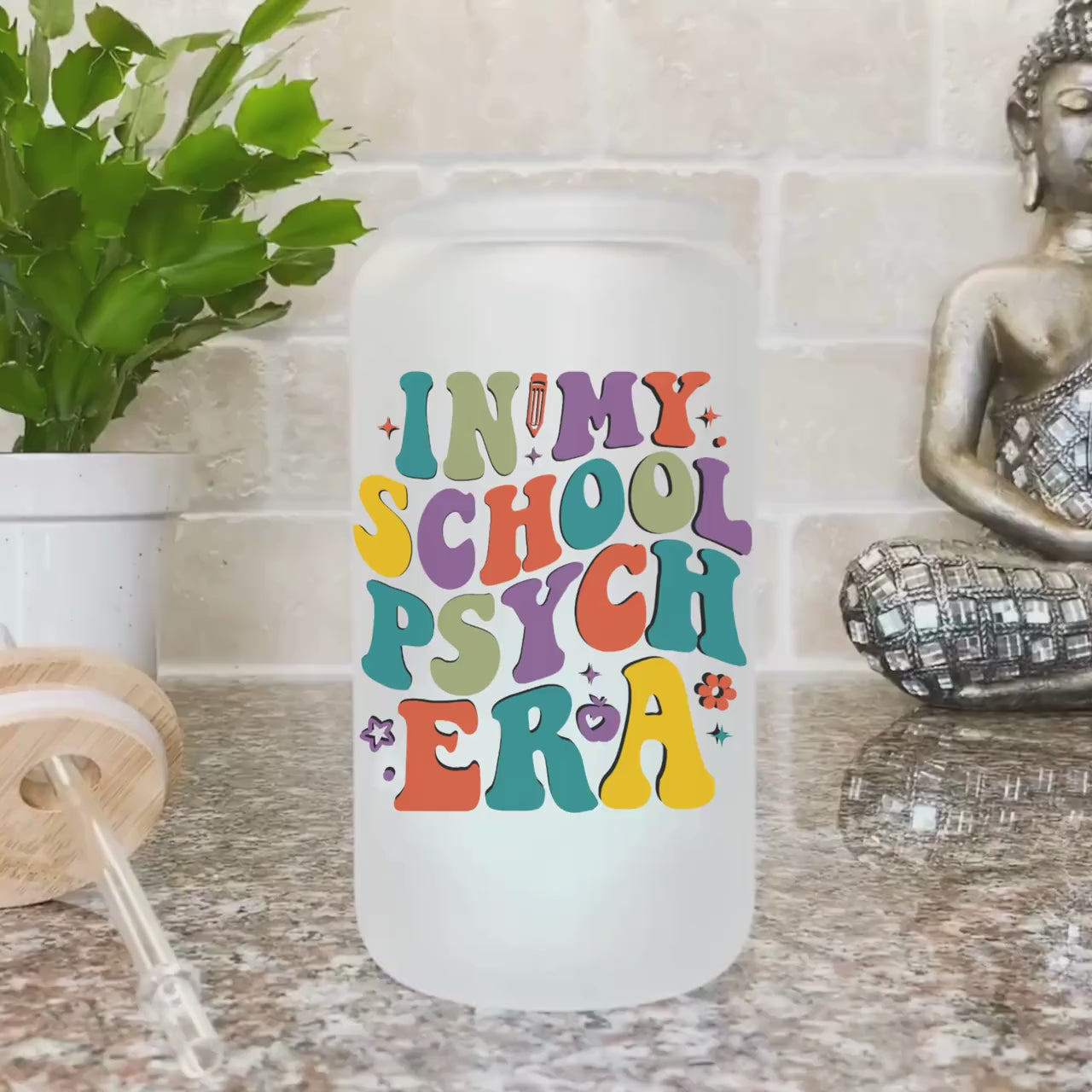 School Psychologist Glass Frosted Coffee Cup In my School Psych Era Cup with Lid Retro Therapist Tumbler Gift Social Worker School Counselor