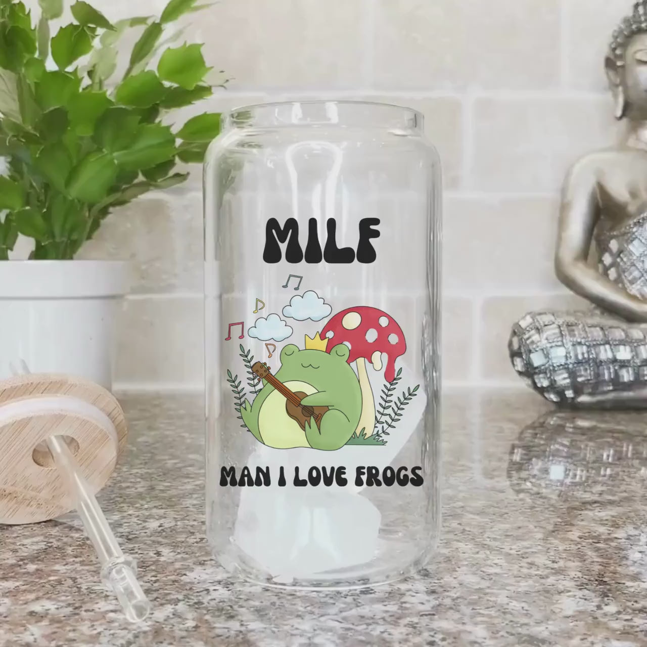 MILF Retro Frog Frosted Iced Coffee Cup Funny Toad Frog Lover Gift Tumbler with Straw Cottagecore Froggy Glass Can Tumbler Froggy Glass Cup