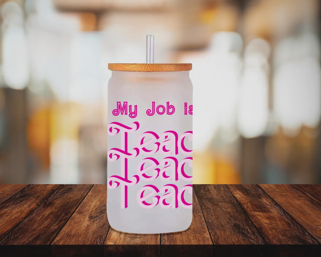 My Job is Teach Iced Coffee Cup Retro Hot pink Teacher Frosted Tumbler with Straw Funny Teach glass cup Teacher tumbler gifts for teacher