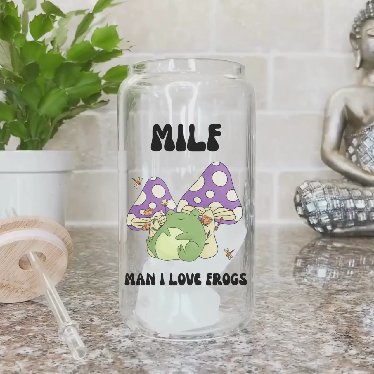 MILF Retro Frog Frosted Iced Coffee Cup Funny Toad Frog Lover Gift Tumbler with Straw Cottagecore Froggy Glass Can Tumbler Froggy Glass Cup