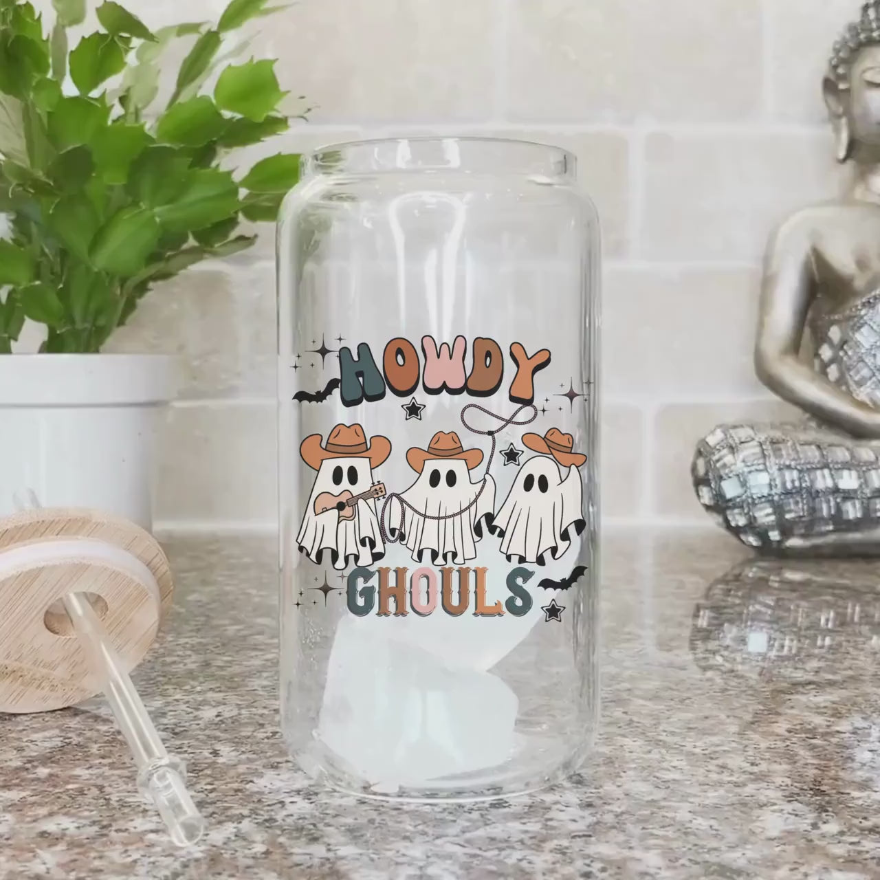 Howdy Ghouls Frosted Iced Coffee Cup Funny Cowboy Ghost Halloween Tumbler with Straw Western Halloween 16oz beer Glass Can Tumbler Gift