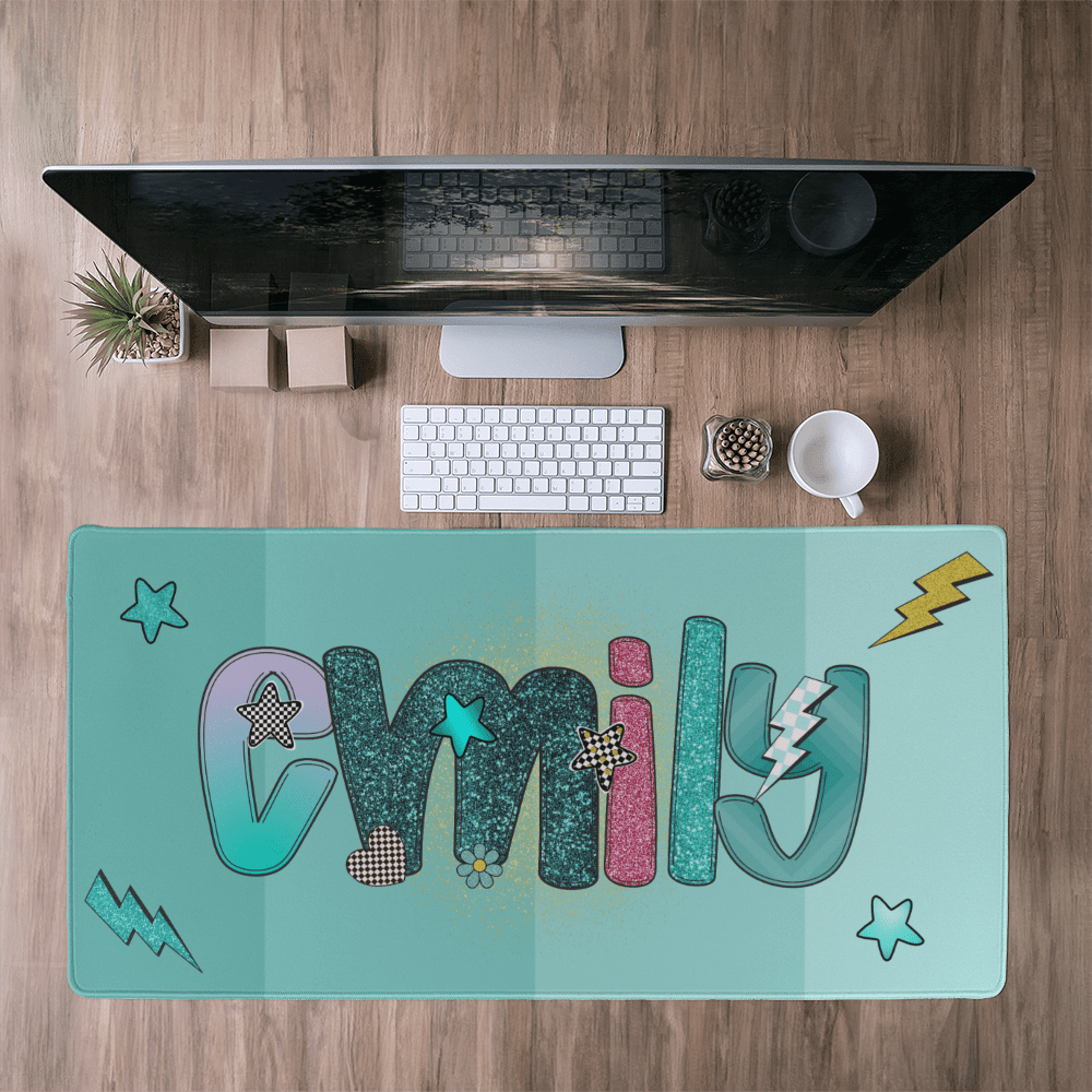 Custom Name Desk Mat, Personalized Purple Faux Glitter Desk Pad, Lightning Bolt Mouse Pad, Tween Girl Gift, Cool Aesthetic Desk Decor