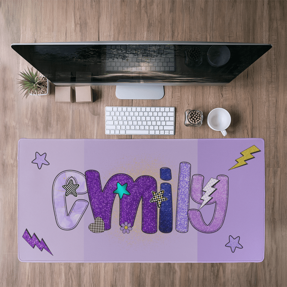 Custom Name Desk Mat, Personalized Purple Faux Glitter Desk Pad, Lightning Bolt Mouse Pad, Tween Girl Gift, Cool Aesthetic Desk Decor